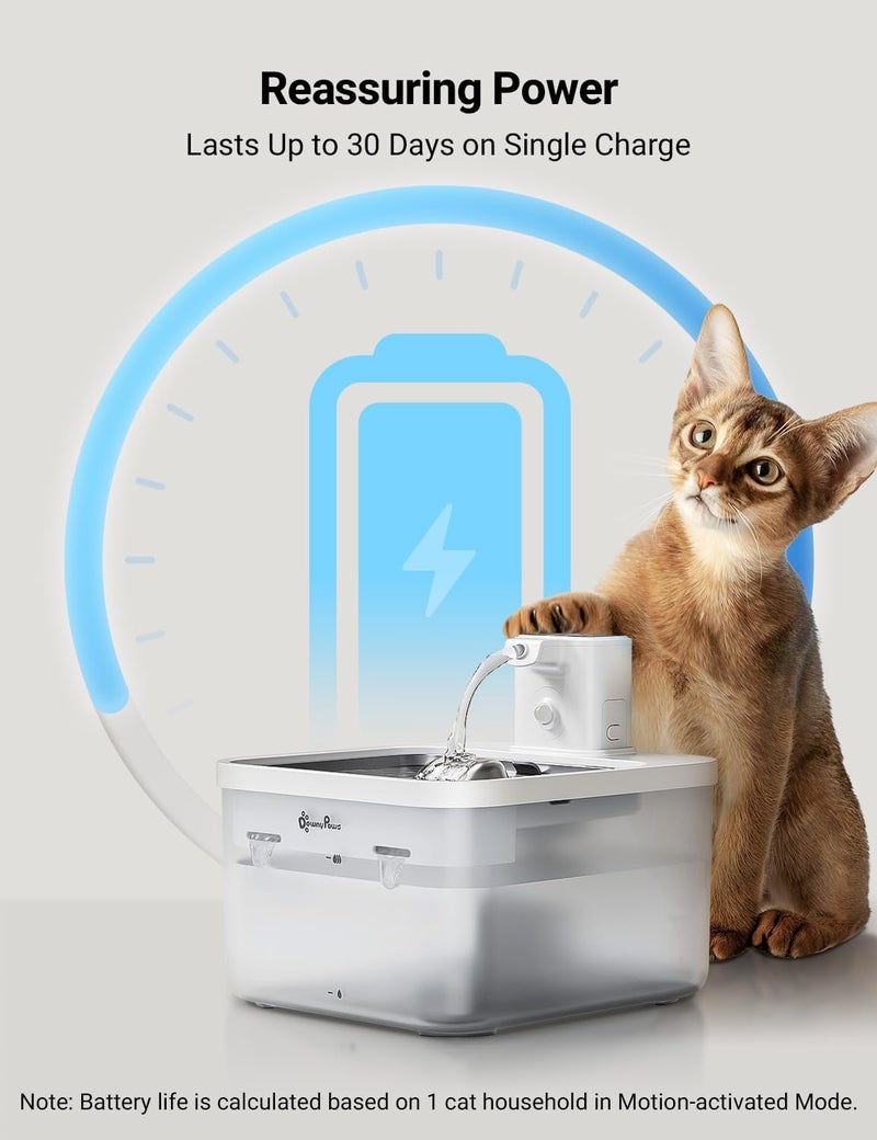 DownyPaws نافورة مياه للقطط تعمل بالبطارية من الفولاذ المقاوم للصدأ، 84 أونصة/2.5 لتر، نافورة مياه لاسلكية للحيوانات الأليفة للقطط داخل المنزل، موزع مياه آلي للكلاب مع صنبور، مضخة هادئة، خالية من BPA، بيضاء - Image 4